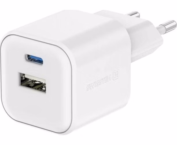 SWISSTEN SÍŤOVÝ ADAPTÉR GaN 1x USB-C 35W PD + 1x USB-A 27W QC BÍLÝ