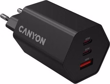 Canyon Hexagon 65, vysokorýchlostná univerzálna nabíjačka do steny, 65W, 2x USB-C + 1x USB-A, čierna