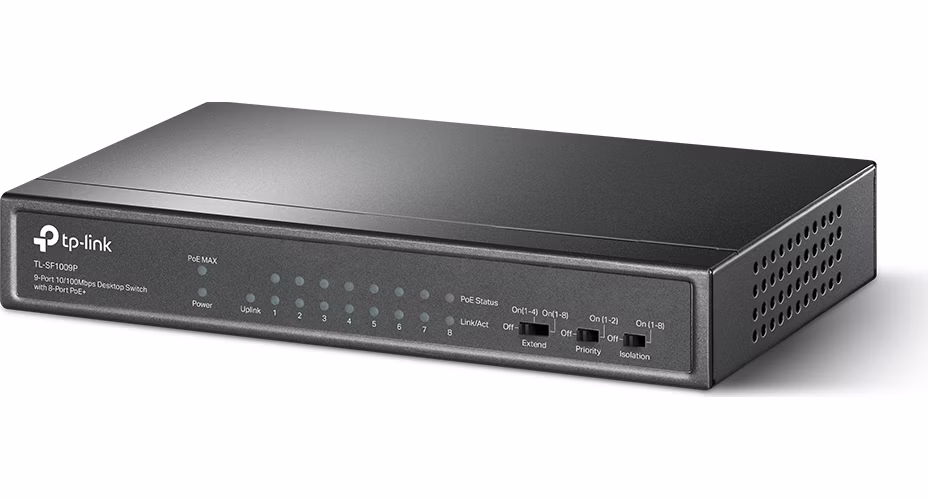 9-Port 10/100 Mbps Desktop Switch with 8-Port PoE+ PORT: 8× 10/100 Mbps PoE+ Ports, 1× 10/100 Mbps Non-PoE Ports SPEC: 8