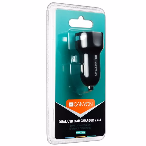 Canyon C-04, univerzálna autonabíjačka, 2x USB, 5V/2.4A, inteligentná technológia nabíjania, čierna