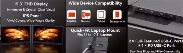 Portable monitor Blackview DCM8 Dual Screen 15.3inch 1920x1200 16:9 LCD 60Hz IPS 178 USB-C 3.1x3, sivo čierny