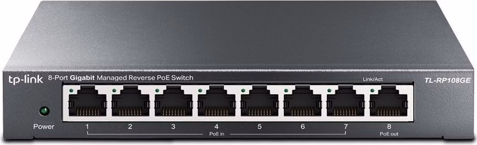 Omada 8-Port Gigabit Easy Smart Reverse PoE Switch PORT: 7× Gigabit Passive PoE In Ports, 1× Gigabit Passive PoE Out Por