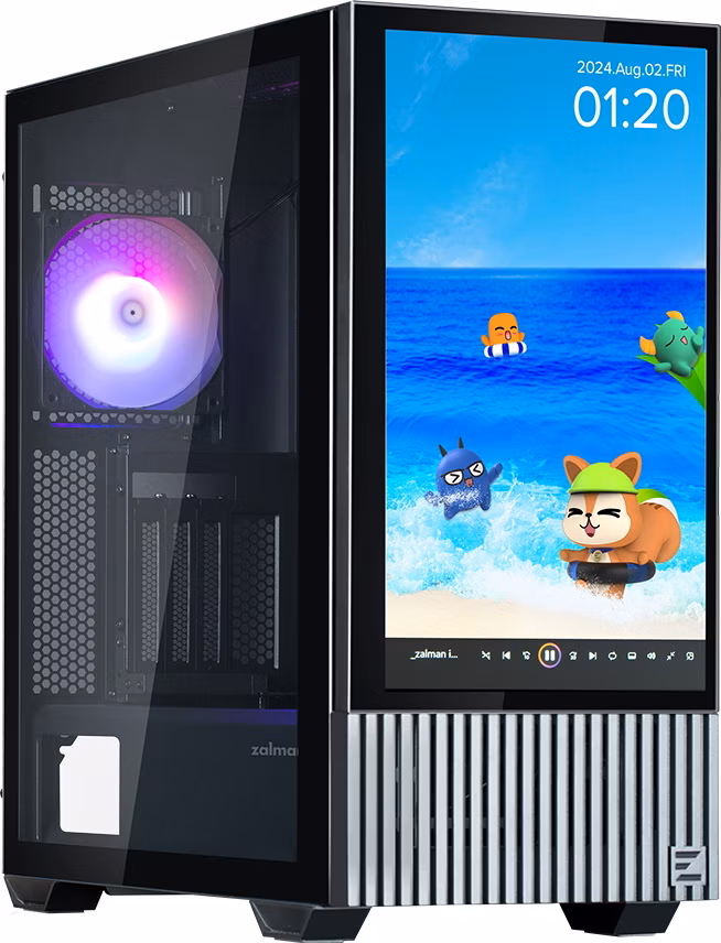 Zalman skříň Z10 DS / Middle Tower / 3x120mm fan / 2x USB 3.0 / USB-C / odnímatelný 15.6 displej / tvrzené sklo / černá