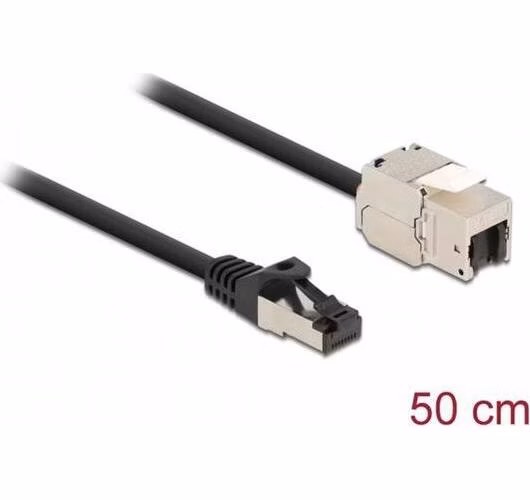 Delock Kabel ze zástrčky RJ45 na zásuvku RJ45 modulu Keystone, Cat.6A, délka 50 cm, černý