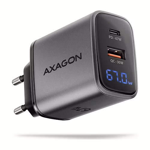 AXAGON nabíječka do sítě 67W s LCD / ACU-PQ67D / 1x USB-C / 1x USB-A / PD3.0 / PPS / QC4+ / SFC / AFC / Apple /