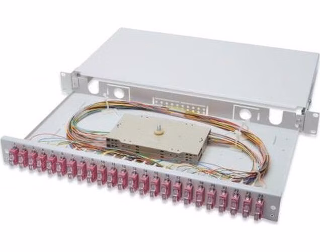 Digitus Fiber Optic Sliding Splice Box, 1U, Equipped 24x SC duplex, incl. M 25 Screw, Splice Cassette OM4 Color Pigtails, Adapter