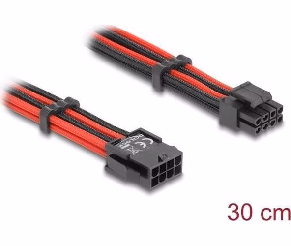Delock Prodlužovací kabel z 8-pinové zástrčky EPS na 4 + 4-pinovou zásuvku EPS, s textilním opletením, červenočerný
