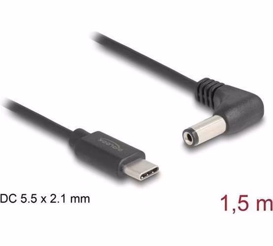 Delock Napájecí kabel z konektoru USB Type-C™ na stejnosměrný konektor 5,5 x 2,1 mm, pravoúhlý, 1,5 m