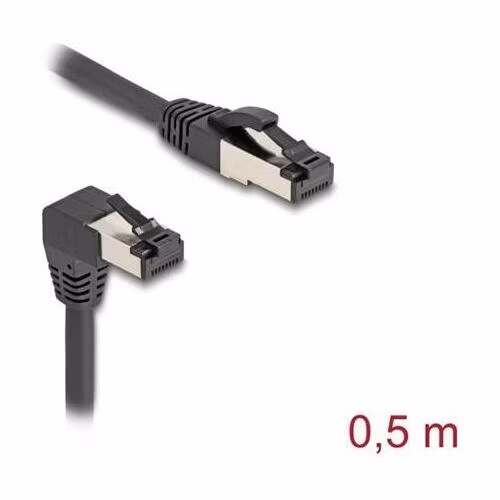 Delock Síťový kabel RJ45 Cat.8.1 S/FTP, zalomený dolů o 90° / přímý, 0,5 m, černý