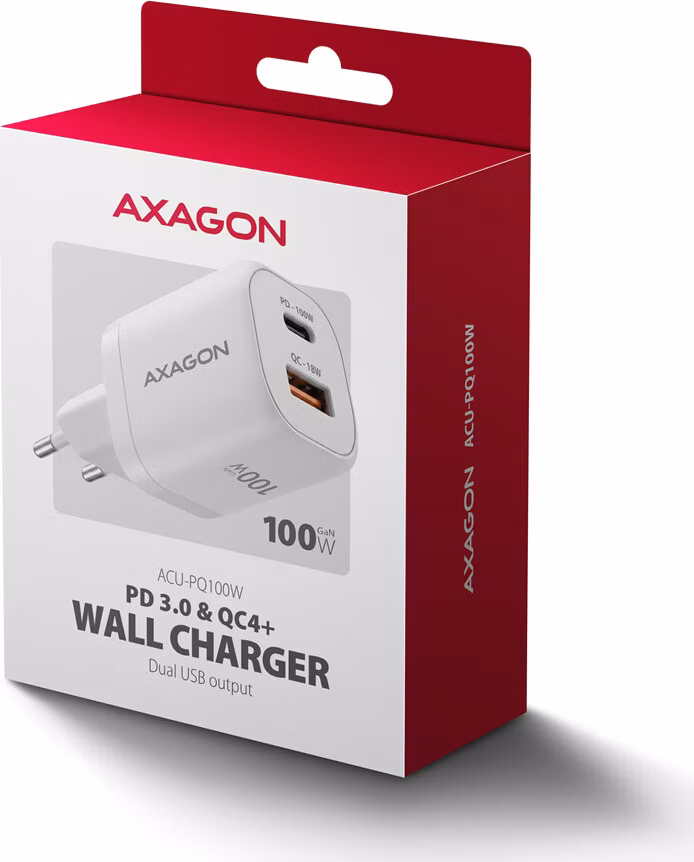 AXAGON ACU-PQ100W, GaN nabíjačka do siete 100W, USB-A+USB-C, PD3.0/PPS/QC4+/SFC2.0/Apple, biela