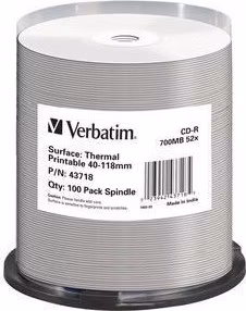 VERBATIM CD-R(100-Pack)Spindle/AZO/52x/700MB/Thermal Printable No ID Brand