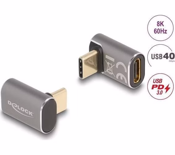 Delock USB Adaptér 40 Gbps USB Type-C™ PD 3.0 100 W samec na samice pravoúhlý 8K 60 Hz kovová