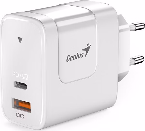 Genius PD-65AC, Napájecí adaptér, univerzální, 65W, 1× USB-C, 1× USB, PD 3.0, QC 3.0, bílý