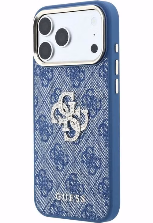 Guess PU 4G Strass Metal Logo kryt iPhone 18 Pro modrý