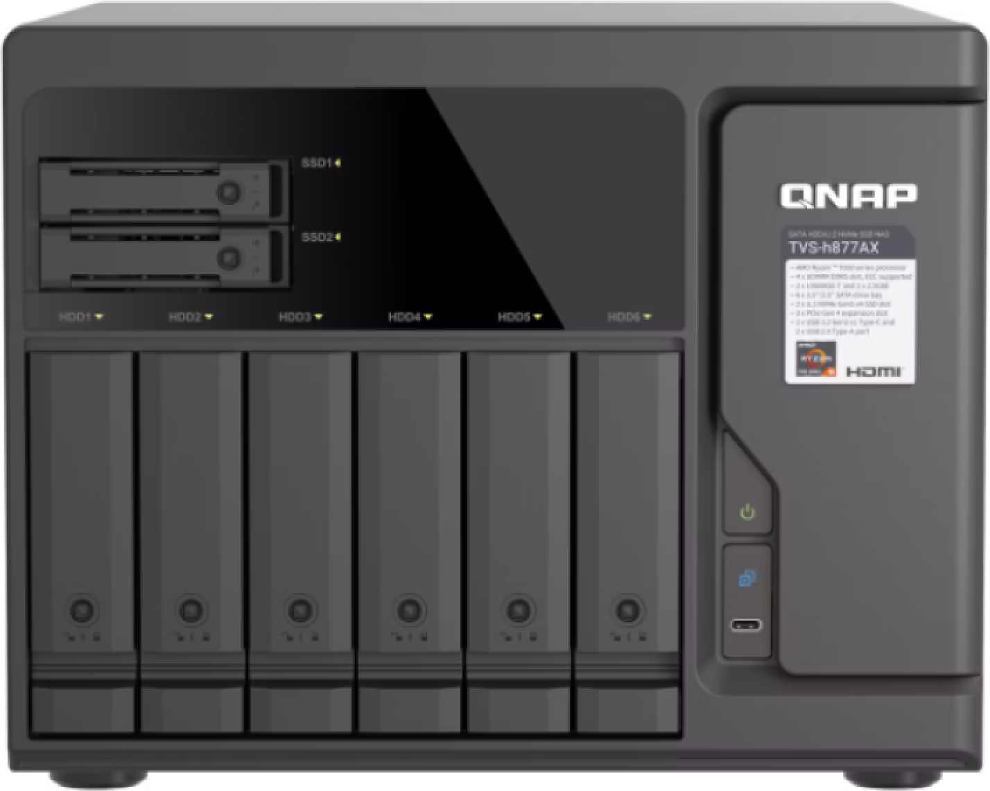 QNAP TVS-h877AX-R5-16G (AMD Ryzen 5, 16GB DDR5 RAM, 6x 3,5" + 4x 2,5", 3x PCIe, 2x 2,5GbE, 2x 10GbE)