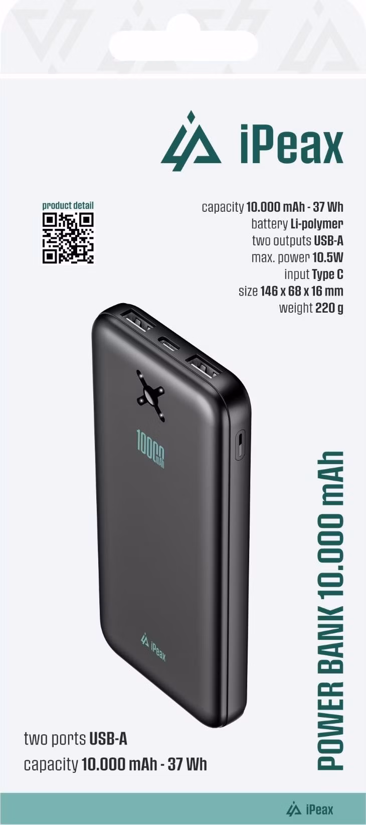 POWER BANKA 10000 mAh, 10,5 W, 2x USB-A ČIERNA