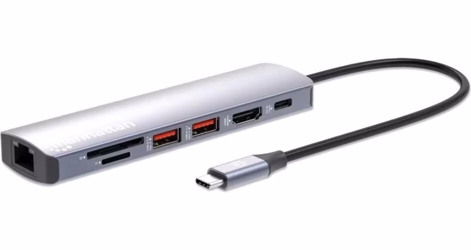 MANHATTAN Dokovací stanice USB-C 7v1, 1xHDMI, 1xUSB-C, 2xUSB, 1xRJ45, čtečka SD karet, šedá