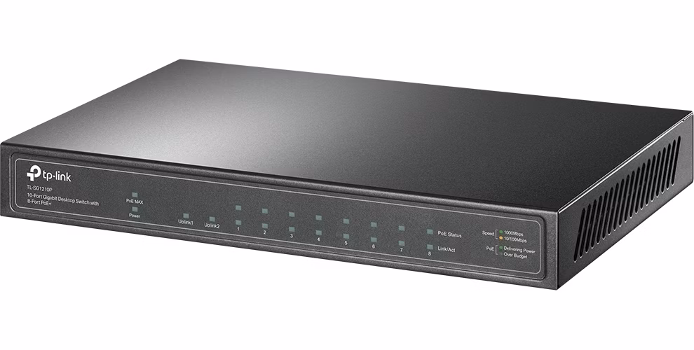 10-Port Gigabit Desktop Switch with 8-Port PoE+ PORT: 8× Gigabit PoE+ Ports, 1x Gigabit Non-PoE Port, 1× Gigabit SFP Slo