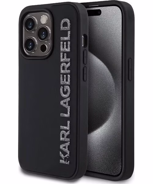 Karl Lagerfeld 3D Rubber Glitter Logo kryt iPhone 14 Pro čierny