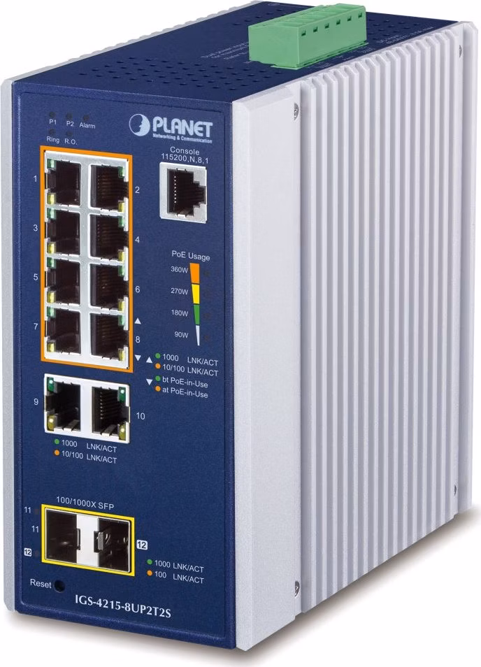 Planet IGS-4215-8UP2T2S průmyslový L2 switch, 8x1Gb, 2x1Gb SFP, 8x PoE 802.3bt 360W, 48-54VDC, -40~75°C, IP30