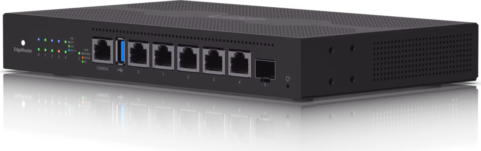 UBNT EdgeMAX EdgeRouter 6 PoE [1GHz štvorjadrový CPU, 1GB RAM, PoE, EdgeOS, 5 gigabitových portov + 1xSFP slot, bez ventilátora]