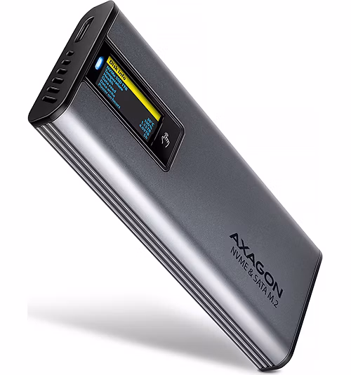 AXAGON EEM2-SD2, USB-C 10Gbps externí box s displejem pro M.2 NVMe/SATA SSD, bezšroubkový, stříbrný