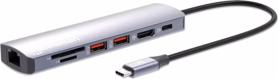 MANHATTAN Dokovací stanice USB-C 7v1, 1xHDMI, 1xUSB-C, 2xUSB, 1xRJ45, čtečka SD karet, šedá