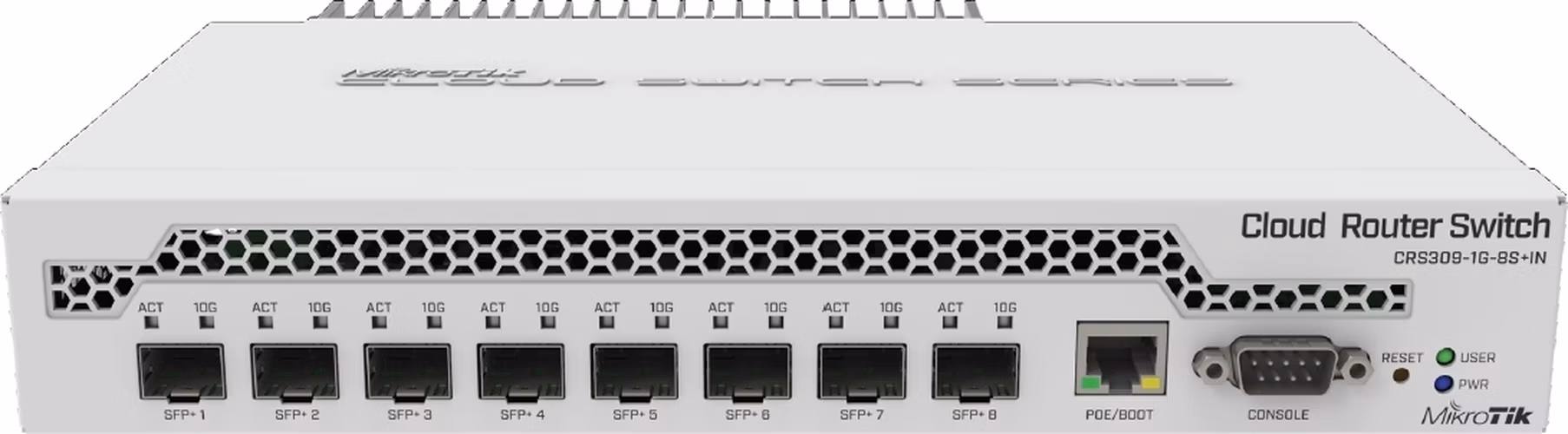 MikroTik Cloud Router Switch CRS309-1G-8S+IN, 800MHz CPU, 512MB RAM, 1xLAN, 8xSFP+ slot, vrátane. Licencia L5