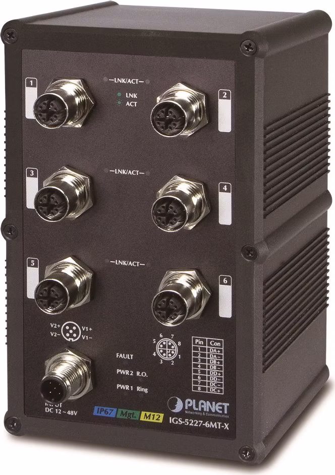 Planet IGS-5227-6MT-X vodotěsný průmyslový L3 switch, 6x1Gb M12, 9-48VDC, -40~75°C, IP67, EN50155