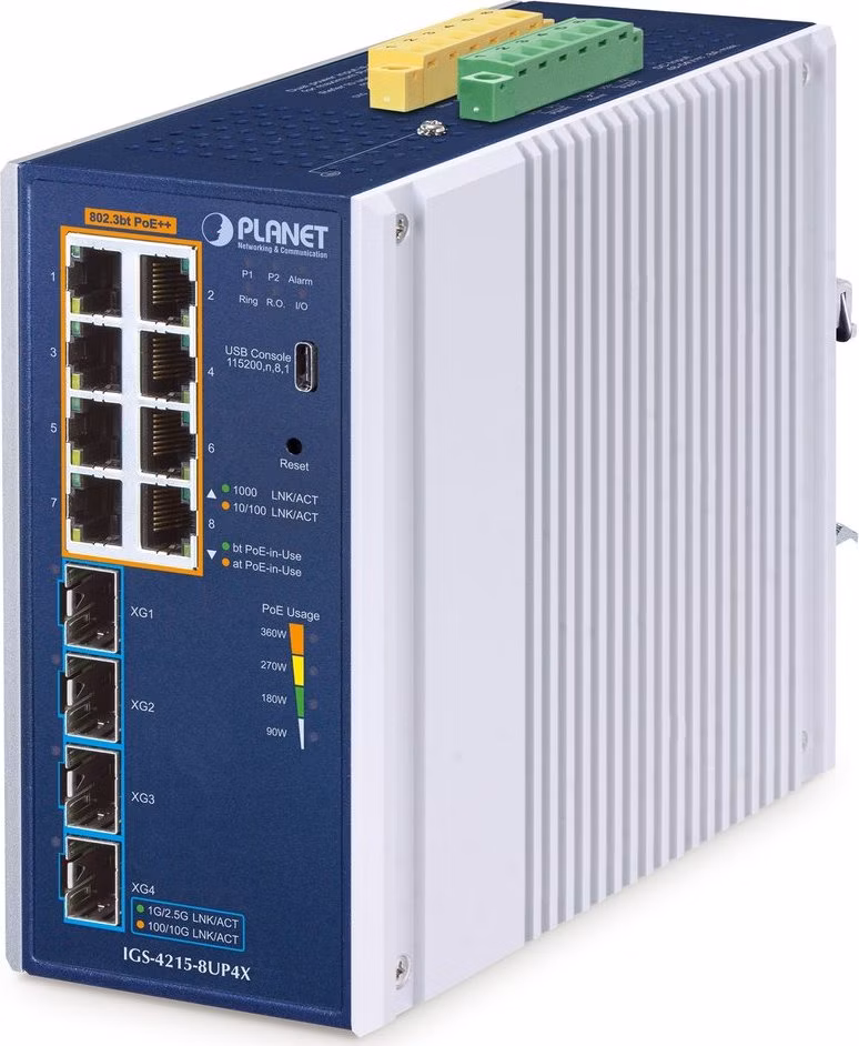 Planet IGS-4215-8UP4X průmyslový L2 switch, 8x1Gb, 4x10Gb SFP+,8x PoE 802.3bt 240W, -40~75°C, dual 48-54VDC,IP30,fanless
