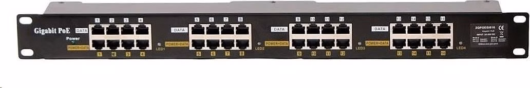 POE injektor aktivní/pasivní - 16x 1 Gb/s, stíněný panel, 802.3af/at