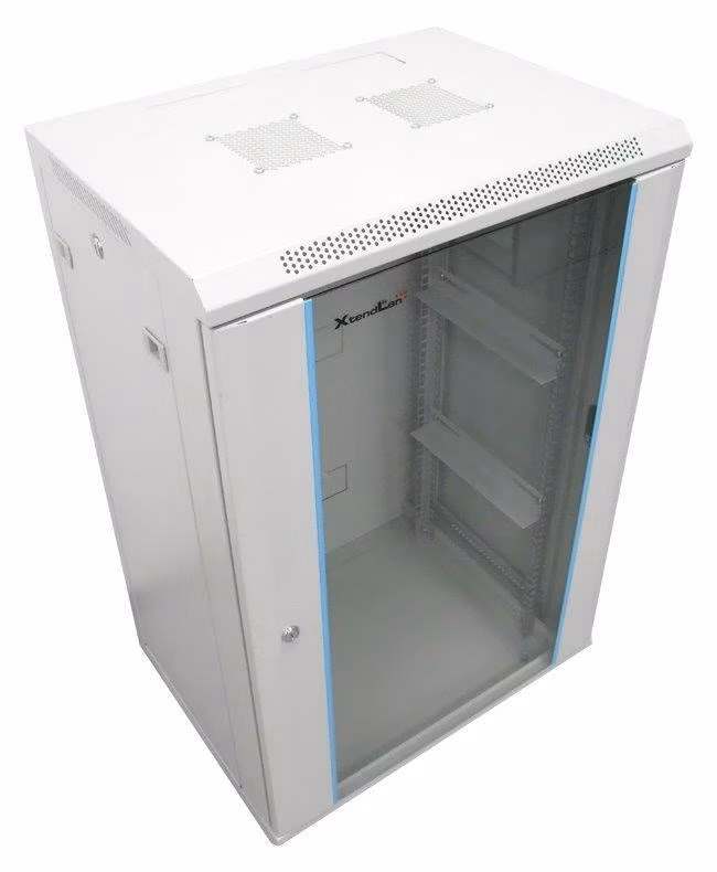 XtendLan 19" nástěnný rozvaděč 18U 600x600, nosnost 60 kg, skleněné kouřové dveře, rozložený, šedý