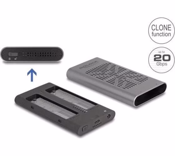 Delock Externí USB 20 Gbps pouzdro pro 2 x SSD M.2 NVMe PCIe se zásuvkovým konektorem USB Type-C™ a funkcí klonování