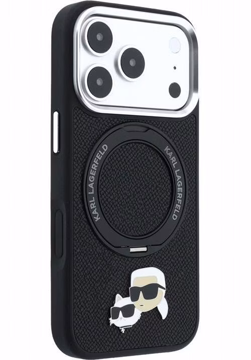 Karl Lagerfeld PU Grained K&amp;CH Heads Ring Stand Magsafe kryt iPhone 18 Pro čierny