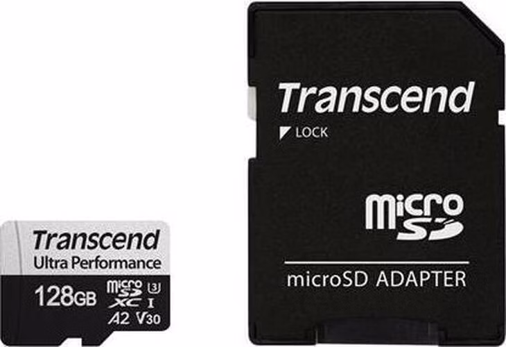 Transcend 128GB microSDXC 340S UHS-I U3 V30 A2 3D TLC (Class 10) paměťová karta (s adaptérem), 160MB/s R, 125MB/s W
