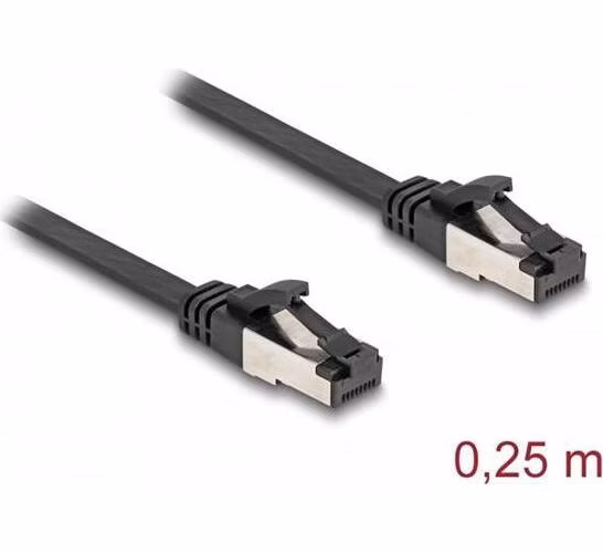 Delock RJ45 Plochý spojovací kabel ze zástrčky na zástrčku, Cat.8.1, ohebný, 0,25 m, černý