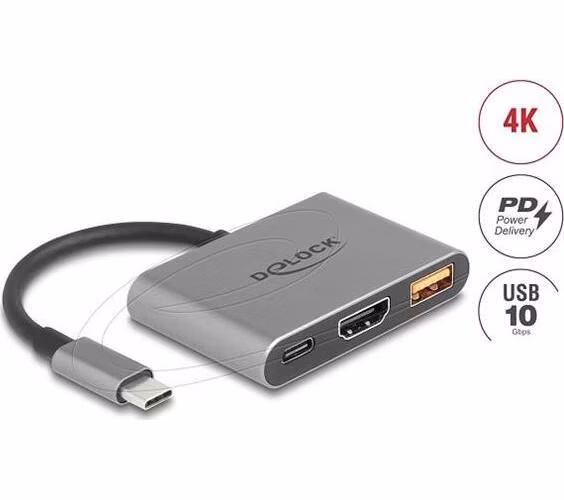 Delock Adaptér USB Type-C na HDMI 4K 30 Hz s USB Type-A a USB Type-C PD 2.0 90 W