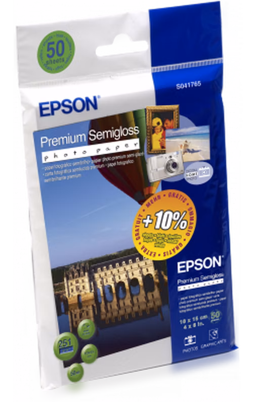 EPSON Premium Semigloss Photo Paper, 100x150 mm, 50x