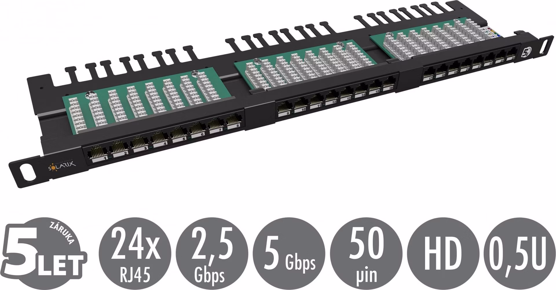 19" patch panel Solarix 24xRJ45 CAT5E UTP s vyvazovací lištou černý 0,5U SX24HD-5E-UTP-BK