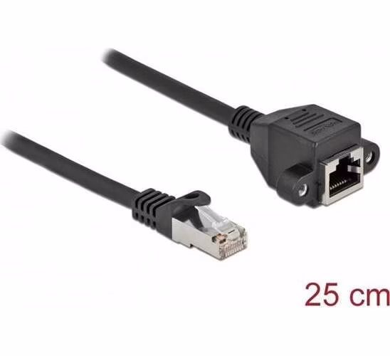 Delock Prodlužovací síťový kabel, ze zástrčky S/FTP RJ45 na zásuvku RJ45, Cat.6A, délka 25 cm, černý