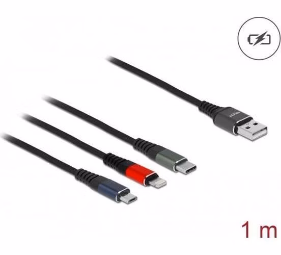 Delock Nabíjecí kabel USB 3 v 1 pro Lightning™ / Micro USB / USB Type-C™, 1 m, trojbarevný