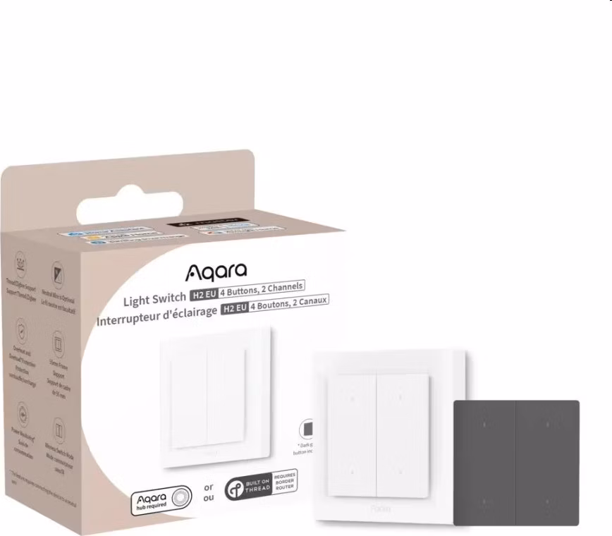 Aqara Smart Home Dvojvypínač (4x tl.,2 kanály) s 2x relé H2 EU,Zigbee a Thread