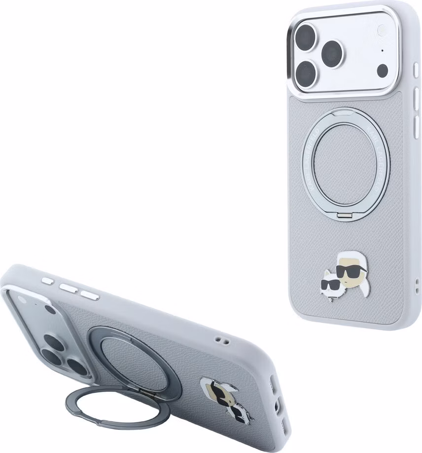 Karl Lagerfeld PU Grained K&amp;CH Heads Ring Stand Magsafe kryt iPhone 18 Pro Max šedá