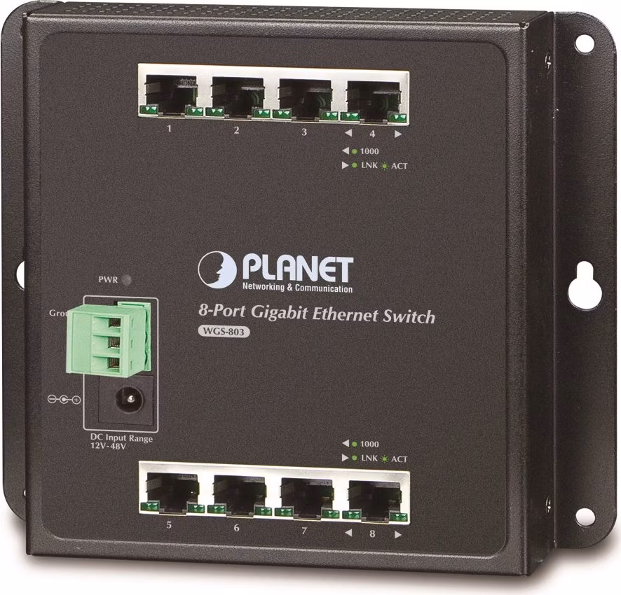 Planet průmyslový plochý switch 8x1Gb, 12-48VDC/24VAC, IP30, -10/60°C, fanless