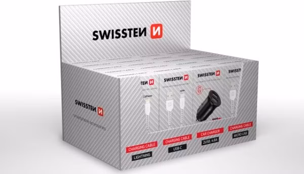 SWISSTEN SET SAMOPRODAVAČ (5x kabel MicroUSB, 5x USB-C, 5x lightning, 5x CL 2USB 4,8A)