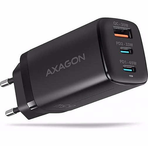AXAGON ACU-DPQ65, GaN nabíječka do sítě 65W, 3x port (USB-A + dual USB-C), PD3.0/QC4+/PPS/Apple, černá