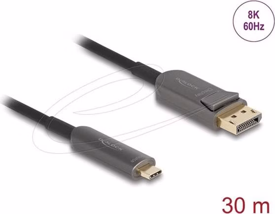 Delock Aktivní optický kabel USB Type-C™ na DisplayPort 8K, 60 Hz, 40 Gbps, 30 m, černý