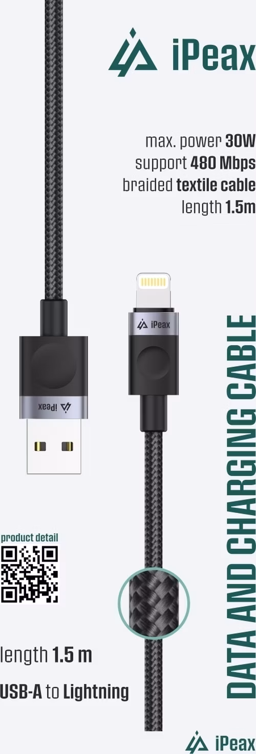 TEXTILNÝ KÁBEL USB-A/LIGHTNING 1,5M, USB 2.0 ČIERNY