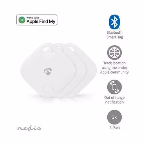 Nedis BTTAG10WT3 - Vyhledávač Klíčů Apple| | Napájení z baterie|3x CR2032 | BT 5.1 |výdrž baterie Až:1Rok| Bílál | 3Ks