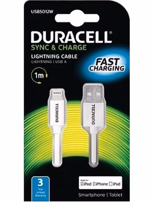 DURACELL - USB5012A - napájecí a synchronizační kabel pro Apple Lightning zařízení bílý 1m